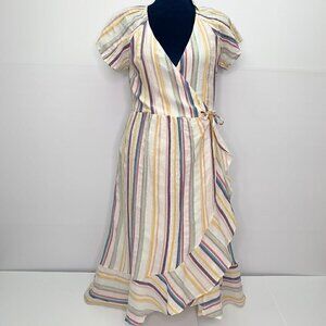 Kari Blue Dress Size XS Sonoran Sunrise V Neck Wrap Cream Stripe Midi